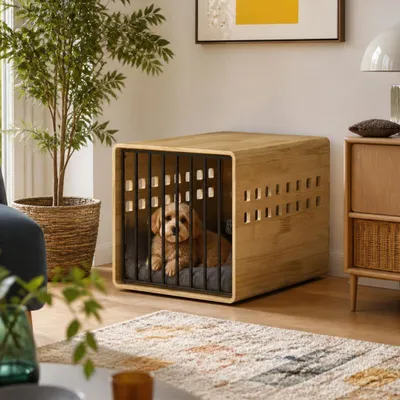 Produktbild von Hundebox aus Massivholz Kiefer&Stahl 80x60x60cm, 5-Minuten-Montage, 4-seitige Belüftung, abgerundete Ecken, Sicherheitsverschluss, für Hunde bis 50kg