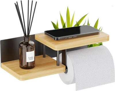 Produktbild von Wandmontierter Toilettenpapierhalter – mit oder ohne Bohren – Toilettenpapierhalter aus Holz und Metall – Toilettenpapierrollenspender – Schwarz & Bambus