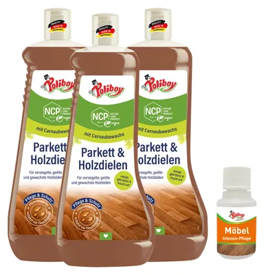 Produktbild von Poliboy NCP Parkett & Holzdielen Pflege 3er Set - je 1L inkl. Möbel Probe - Reinigung und Pflege für Holzböden - Vegan