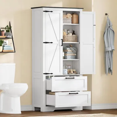 Obrázek produktu pro Skříňka do koupelny, výška 168 cm, se 2 zásuvkami a 2 dvířky, bílá barva