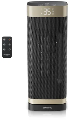 Image de Brandson : Radiateur soufflant céramique 2000 W, avec télécommande, 2 niveaux de chauffage (1500 et 2000 W), fonction ventilateur, oscillation de 70 degrés, minuterie de 1 à 12 heures, appareil de chauffage, couleur noire et dorée