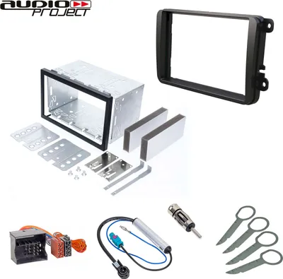 Produktbild von Audioproject A217 - Doppel-DIN ISO Einbau-Set kompatibel für VW Golf 5 6 Passat Skoda Octavia Seat Radio-Blende Einbau-Schacht Radio-Adapter 2x Antennenadapter Fakra Entriegelungsbügel