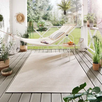 Produktbild von Steffensmeier Indoor Outdoor Teppich Nyland wasserfest Kunststoff Balkon Garten Flur, strapazierfähig und pflegeleicht, Punkte Beige, Größe: 80x150 cm