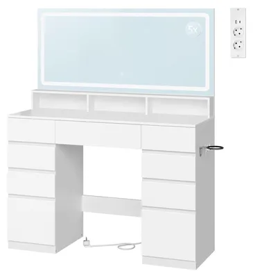 Immagine prodotto di Comò da trucco - Tavolino da parrucco - 9 cassetti - Specchio con illuminazione LED - Presa di corrente - Supporto per asciugacapelli - Bianco