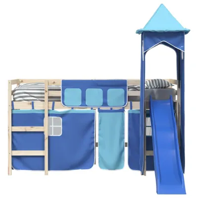 A blue tented loft bed with a slide and tower.