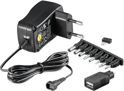 Immagine prodotto di Goobay 54793 Alimentatore universale 3 V - 12 V, 0,3 A, nero, 1,8 m - incl. 1 adattatore USB e 8 adattatori CC - max. 3,6 W e 0,3 A