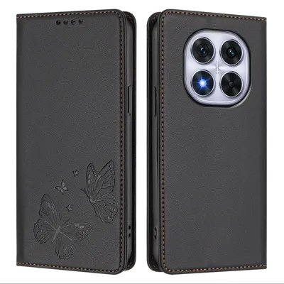 Obrázek produktu pro Kožené pouzdro pro Xiaomi Redmi Note 14 Pro 4G, motýlí ražbou, peněženkové flip pouzdro se stojánkem Černá
