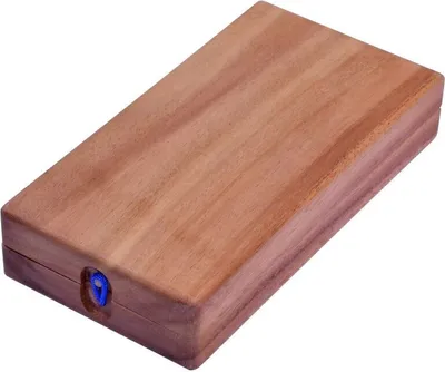 A wooden box with a blue button on the front, isolated on a white background.