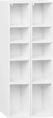 A white, two-column bookshelf with multiple shelves.