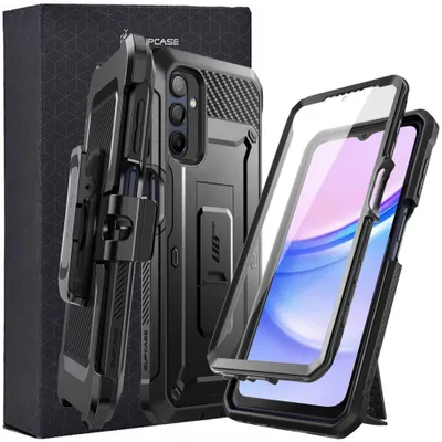A black phone case with a holster and a separate screen protector are displayed next to a black box.