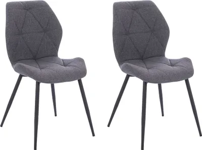Two dark gray upholstered dining chairs with black metal legs are shown against a white background.