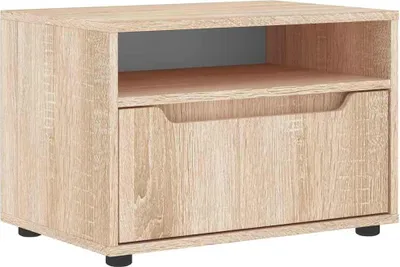 A single wooden nightstand with one drawer and an open shelf, shown from the front.