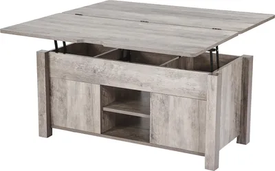 Produktbild von SucceBuy Lift-Top Couchtisch 100 cm, rustikaler Kaffeetisch mit Scheunentor-Design & verborgenem Stauraum, rechteckige Hubtischplatte für Wohnzimmer, Büro oder Zuhause, vielseitiger Wohnzimmertisch in Eichenoptik