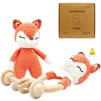 Produktbild von Handgestrickter Fuchs Fuzzy Set Babyrassel Holz Baumwolle 15 cm