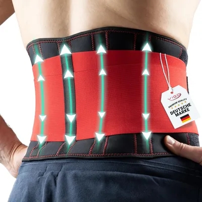 Immagine prodotto di VIGO SPORTS: Fascia lombare lavabile in lavatrice - Cintura per la zona renale anti-sudore per una stabilizzazione efficace della schiena - Cintura di supporto lombare per uomo e donna - Cintura riscaldante per la zona lombare – Colore: rosso