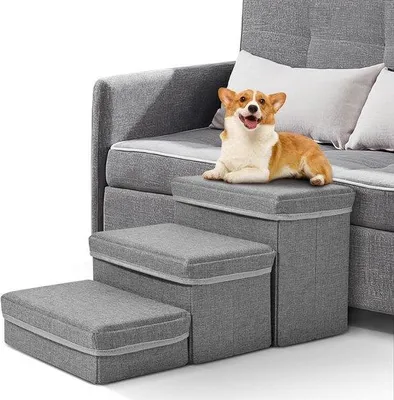 Produktbild von 3-stufiger zusammenklappbarer Hundetritt mit Aufbewahrungsbox, weich, rutschfest, für kleine Hunde