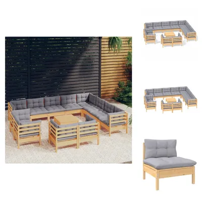 Produktbild von vidaXL 13-tlg. Garten-Lounge-Set mit Grauen Kissen Massivholz Kiefer -  Gartenmöbel-Sets