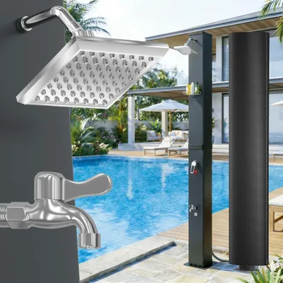Image de Douche solaire carrée UISEBRT, noire, capacité de 40 L, pomme de douche à 360° pour le jardin, la piscine et le camping