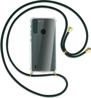 Produktbild von Handykette Backcover-Schutzhülle mit Band (Metall goldfarben) für Motorola One Fusion - dunkelgrün