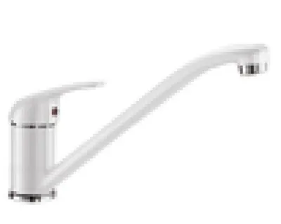 A white kitchen faucet on a white background.
