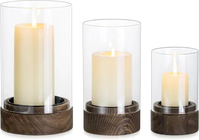 Image de Lot de 3 bougies décoratives, en verre et avec base en bois, pour une utilisation extérieure