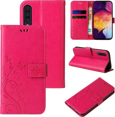 Produktbild von Handyhülle für Samsung Galaxy A50 Floral Blumen Schmetterling Flip Cover Hülle Case Klapphülle Handytasche Farbe: Pink