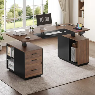 Image de Bureau électrique MSmask réglable en hauteur 140x70 cm, avec tiroirs, compartiments ouverts, charge USB, table assis-debout, marron