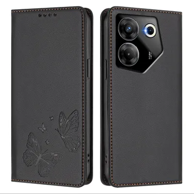 Produktbild von Lederhülle für Tecno Camon 20 Pro 5G, Schmetterling Prägung Leder Brieftasche Schutzhülle mit Ständer Schwarz
