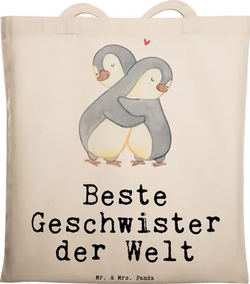 Produktbild von Mr. & Mrs. Panda Tote Bag Pinguin Beste Geschwister der Welt - Transparent - Geschenk, Geburtstag, Brüder, Nachwuchs, Jutebeutel, Geschenkidee, festivaltasche, Tasche