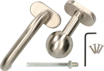 Two door handles and hardware are laid out on a white background.