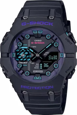 A close-up studio shot of a black Casio G-Shock watch with purple and teal accents.