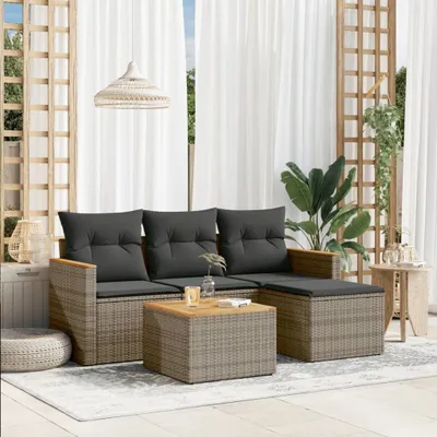 Produktbild von Design 5-tlg. Garten-Sofagarnitur mit Kissen Grau Poly Rattan, Gartenmöbel-Sets 2024 Neu