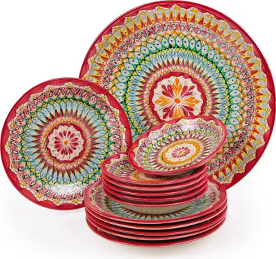 Produktbild von Teeservice Plow-Geschirrset 13-teilig Mehrob Rot Lagan Ø 42 cm Teller Ø 27 cm (13-tlg), 6 Personen, Keramik, Handbemalt