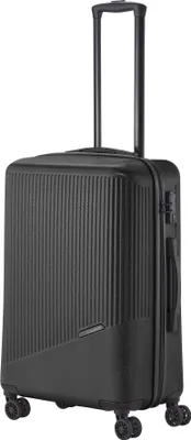A black travel suitcase with a retractable handle and wheels, shown from the front.