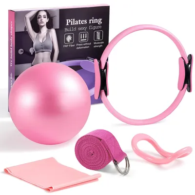 Produktbild von Pilates-Set 5-teilig mit Pilatesring und Widerstandsbändern, Trainingszubehör für Zuhause