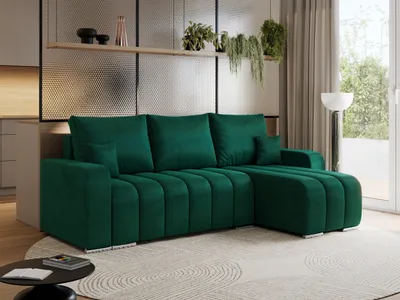 Produktbild von MKS MEBLE Sofa mit Schlaffunktion - Ecksofa mit Schlaffunktion und Bettkasten - Sofa 3 Sitzer - Schlafsofa - Couch - Schlafsofa mit Bettkasten - Kirasso L - Dunkelgrün Velvet
