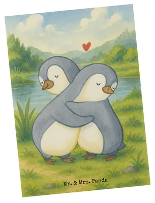 Produktbild von Mr. & Mrs. Panda Postkarte Pinguine Kuscheln Design - Weiß - Geschenk, Jahrestag, für Partner, Postkarten, Freundin, Hochzeitstag, bildkarte, Grußkarte, Valentinstag