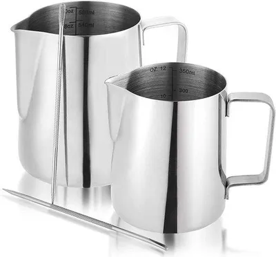 Productafbeelding van Ibenzoa® RVS-melkkannenset (350 ml + 600 ml) met precisieuitgietmond en latte-art pen, vaatwasmachinebestendig, hittebestendig handvat