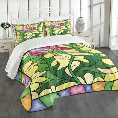 Produktbild von ABAKUHAUS Distel Tagesdecke Set, Buntes Buntglas-Art-Blumen-Motiv der rosa Distel-Zahl gerahmtes Design, 220 x 220 cm, Mehrfarbig