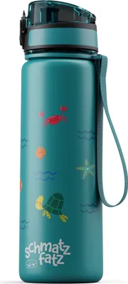 A teal colored water bottle with cartoon sea creatures printed on it.
