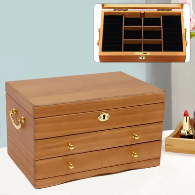 Produktbild von 3-Schichten Holz Schmuckkästchen mit Spiegel+Schloss Schmuckschatulle mit Schublade Aufbewahrungsbox Halsketten Ohrringe Uhren Brustringe Schmuckkoffer Geschenk (Braun) für Valentinstag Muttertag