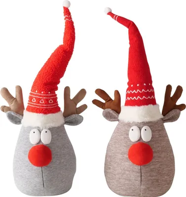 Produktbild von Weihnachtlicher Türstopper Rudi im 2er Set – Rentier-Dekoration mit roter Zipfelmütze