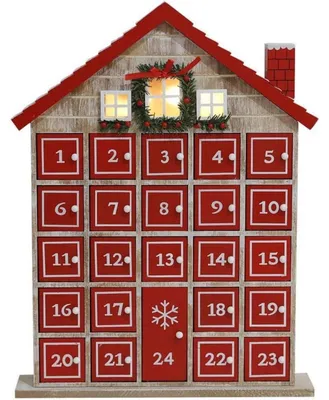 Productafbeelding van Houten adventskalender, rood, kersthuis met 24 lades en LED-verlichting