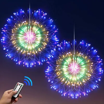 Produktbild von ROSNEK Lichterketten, Bunt, 200 LED, 8 Modi, Batteriebetrieben, Starburst Feuerwerks-Licht für Party, Garten & Weihnachts-Deko, 2er Set, aus Kupfer & Kunststoff, mit Kupfermetallköpfen statt Kunststoffköpfen, benötigt 4x AA & 1x CR2025 Batterien, keine Wärmeentwicklung