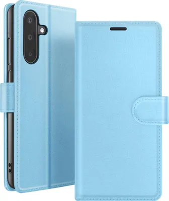 A light blue flip-style phone case for a Samsung Galaxy A17 is shown.