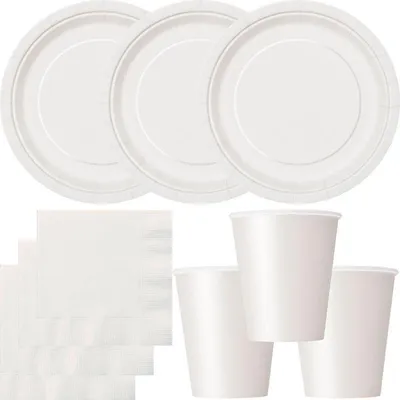 Produktbild von Party Deko Set weiss Einweggeschirr für 16 Personen Teller, Becher, Servietten Hochzeit Geburtstag