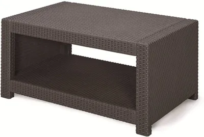 A brown rattan-look coffee table with a shelf underneath, presented on a white background.