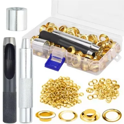 Produktbild von Ösen Set 12 mm – 100 goldene Metallösen mit Lochstanzer und Ösenzange | Korrosionsbeständig | Für Planen, Zelte, Banner, Gewebe