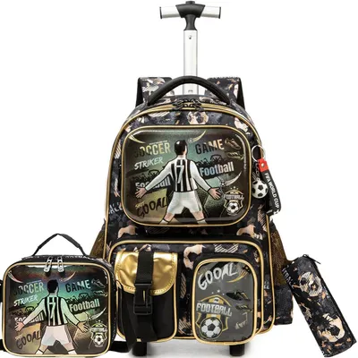 Produktbild von Kinder Trolley Rucksack Schultasche Fußball Schwarz 24L mit Lunchpaket & Federmäppchen