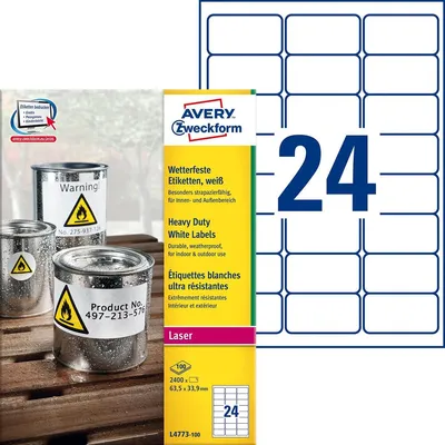 Zdjęcie produktu dla Avery L4773-100, Biały, Zaokrąglony prostokąt, Na stałe, 63.5 x 33.9 mm, A4, Poliester